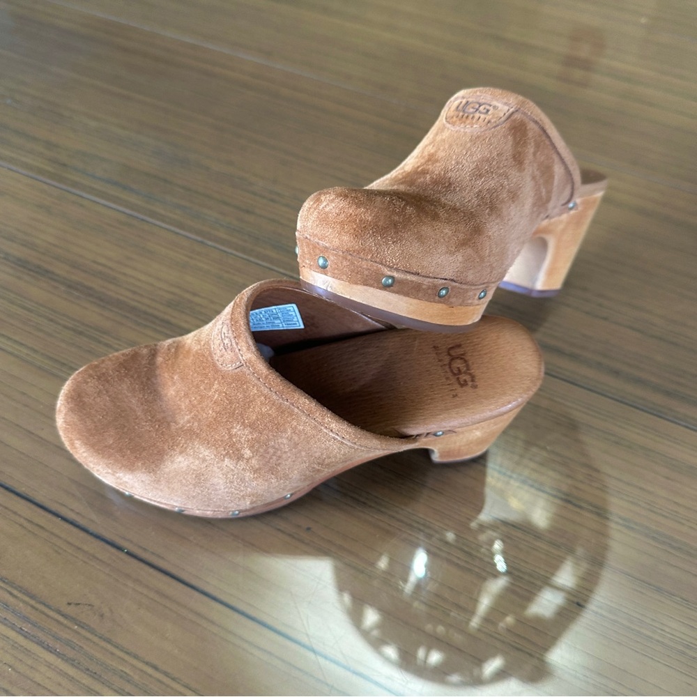 UGG Abbie Woodhills Sheep Skin Suede Wood Heels Rubber Soles Clog Mules Platform - Picture 12 of 14